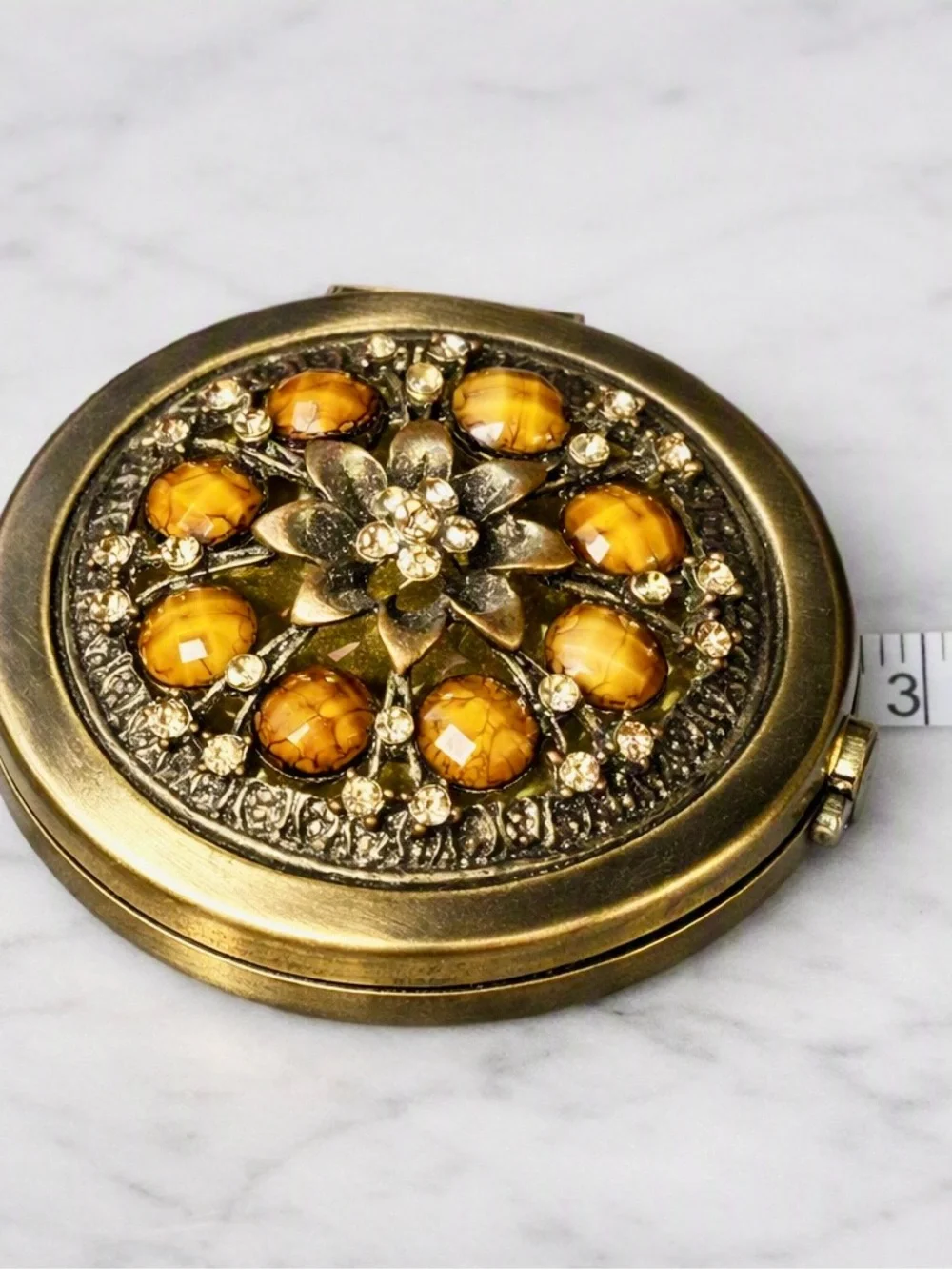 Vintage 1950s Jeweled Compact with Crackle Glass Cabochons & Rhinestone Floral